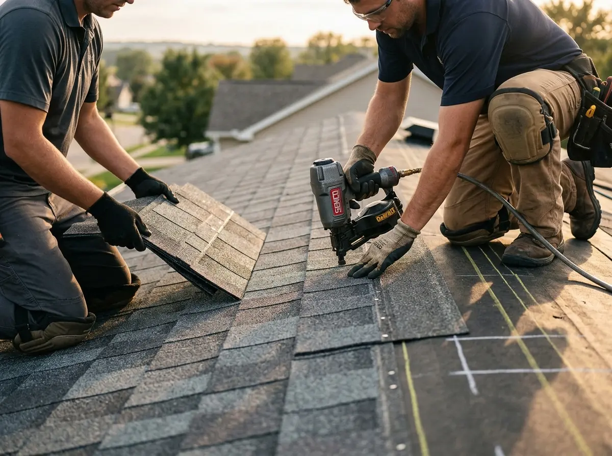 Professional roofer working on a residential roof in Basehor